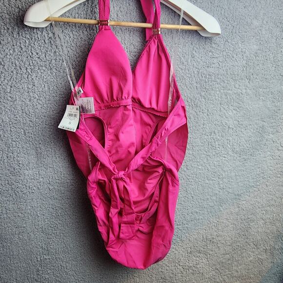 Bar III Swimsuit Ruby Pink Solids One Piece Halter Cowlneck Monokini Size S - Picture 3 of 8